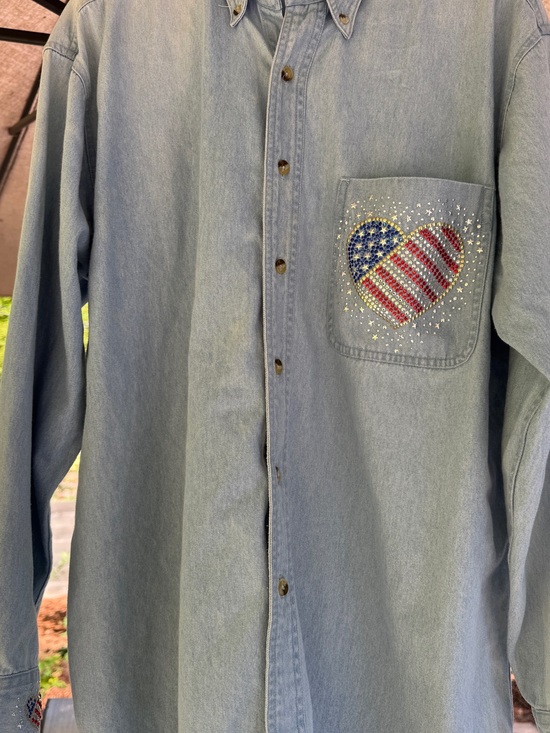 Christine Alexander Tops - Denim Button-Up Shirt with American Flag Heart Pocket